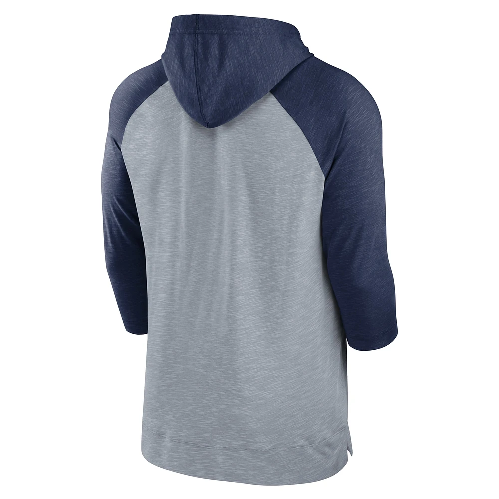 Men's Nike Heather Gray/Heather Navy Los Angeles Angels Baseball Raglan 3/4-Sleeve Pullover Hoodie