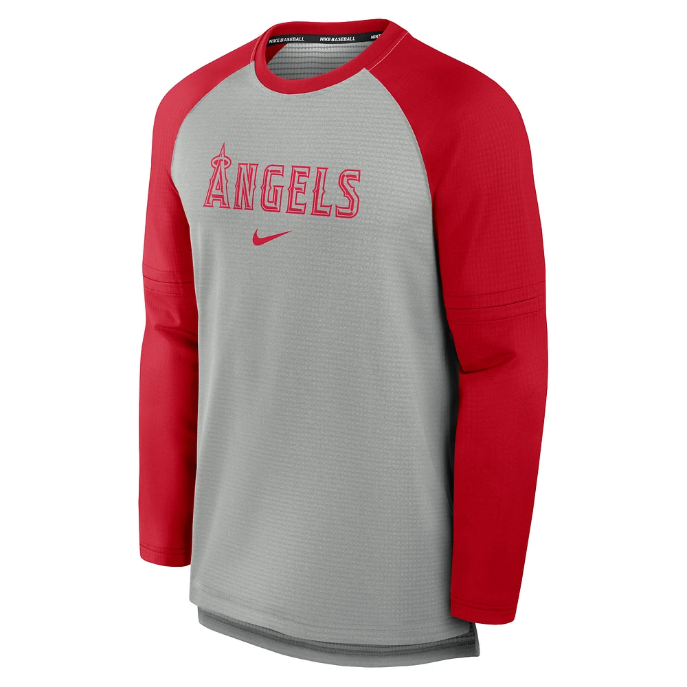 Men's Nike Heather Gray/Red Los Angeles Angels Authentic Collection Game Time Raglan Performance Long Sleeve T-Shirt