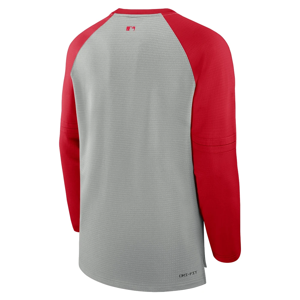 Men's Nike Heather Gray/Red Los Angeles Angels Authentic Collection Game Time Raglan Performance Long Sleeve T-Shirt