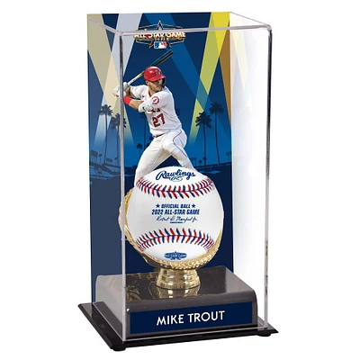 Vitrine de présentation des gants dorés du match des étoiles de la MLB 2022 des Los Angeles Angels de Mike Trout avec image