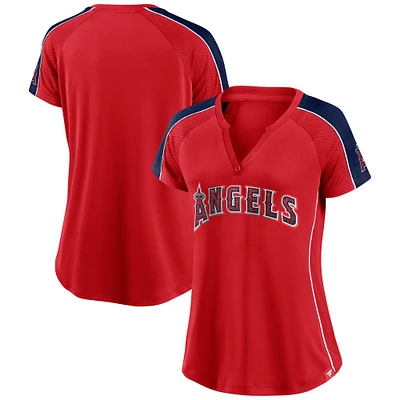 T-shirt à col cranté raglan Fanatics pour femmes, rouge, Los Angeles Angels Lineup League Diva