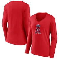 T-shirt rouge à manches longues et col en V avec logo officiel des Angels de Los Angeles Fanatics pour femmes