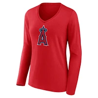 T-shirt rouge à manches longues et col en V avec logo officiel des Angels de Los Angeles Fanatics pour femmes