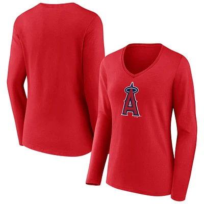 T-shirt rouge à manches longues et col en V avec logo officiel des Angels de Los Angeles Fanatics pour femmes