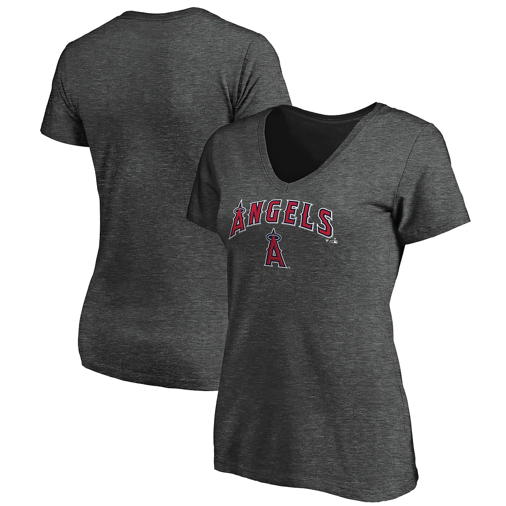 Women's Heathered Charcoal Los Angeles Angels Team Logo Lockup V-Neck T-Shirt