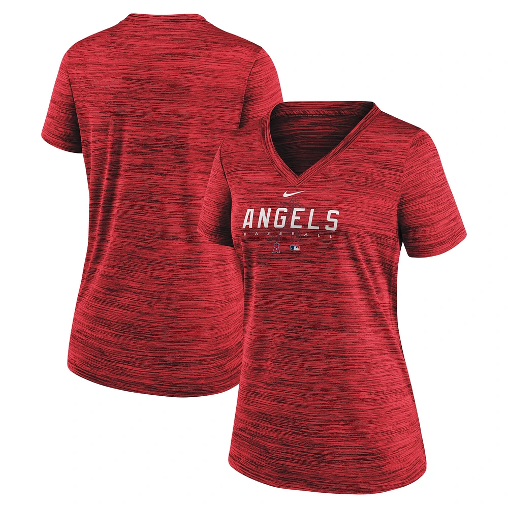 T-shirt à col en V Velocity Practice Performance Nike Los Angeles Angels Authentic Collection rouge pour femme