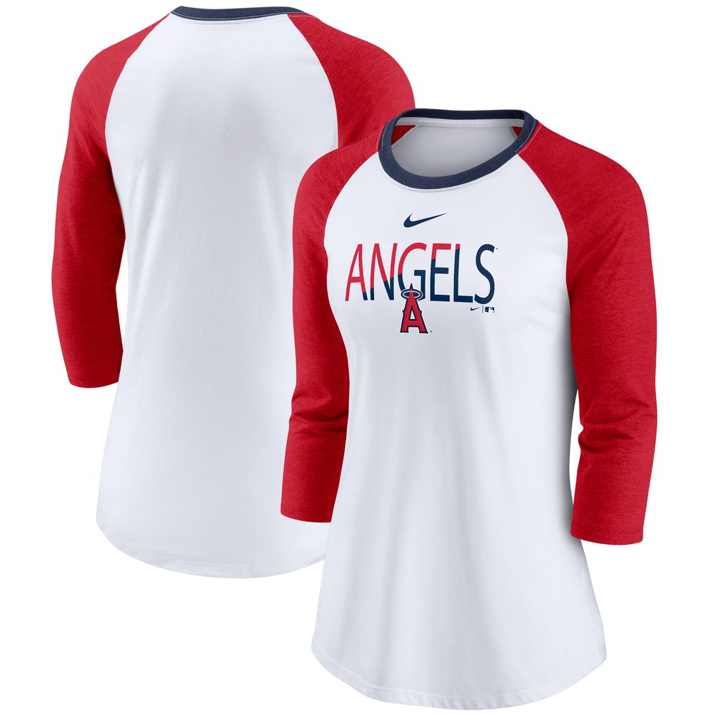 Women's Nike White/Heathered Red Los Angeles Angels Color Split Tri-Blend 3/4-Sleeve Raglan T-Shirt