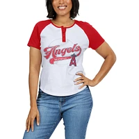 Women's WEAR by Erin Andrews White/Red Los Angeles Angels Fitted Henley Raglan T-Shirt