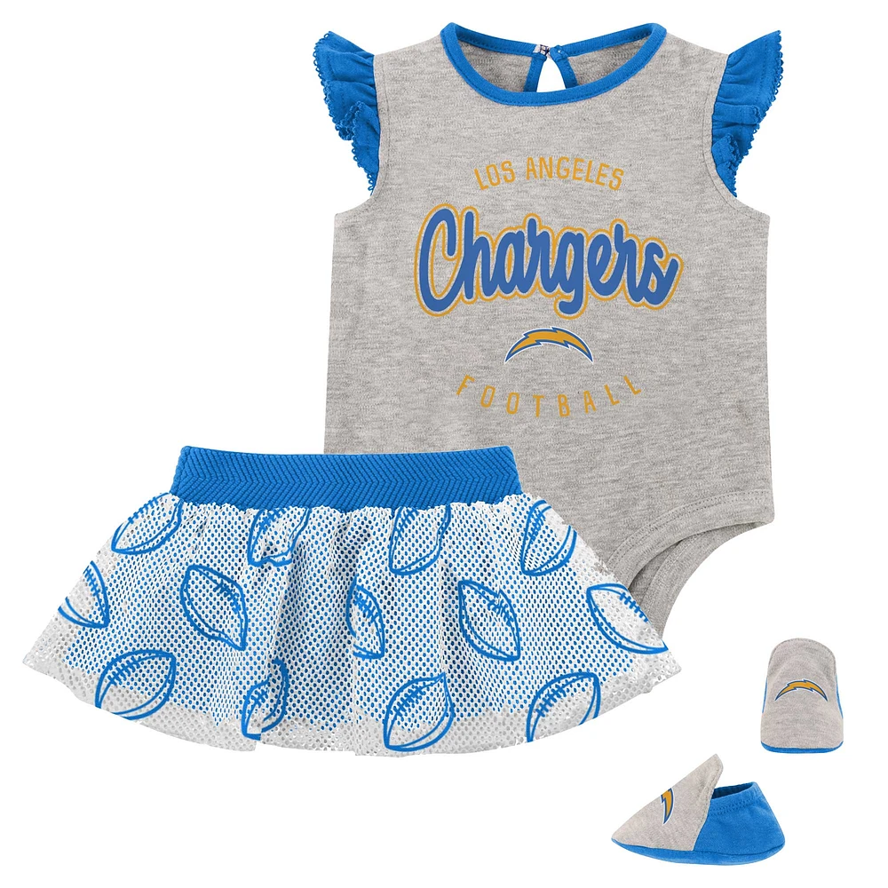 Los Angeles Chargers All Dolled Up trois pièces body, jupe et chaussons pour bébé fille gris chiné/bleu poudré