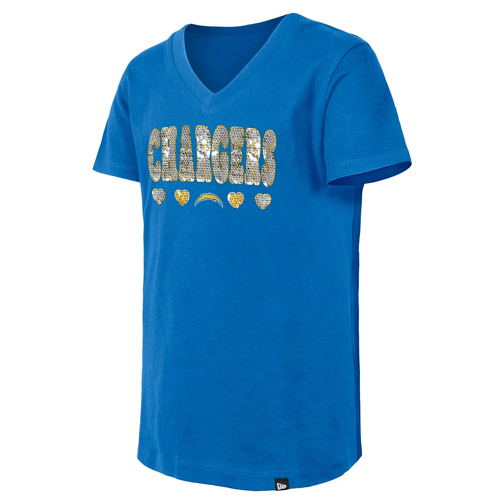 T-shirt à col en V sequins bleu poudré Los Angeles Chargers de New Era pour fille