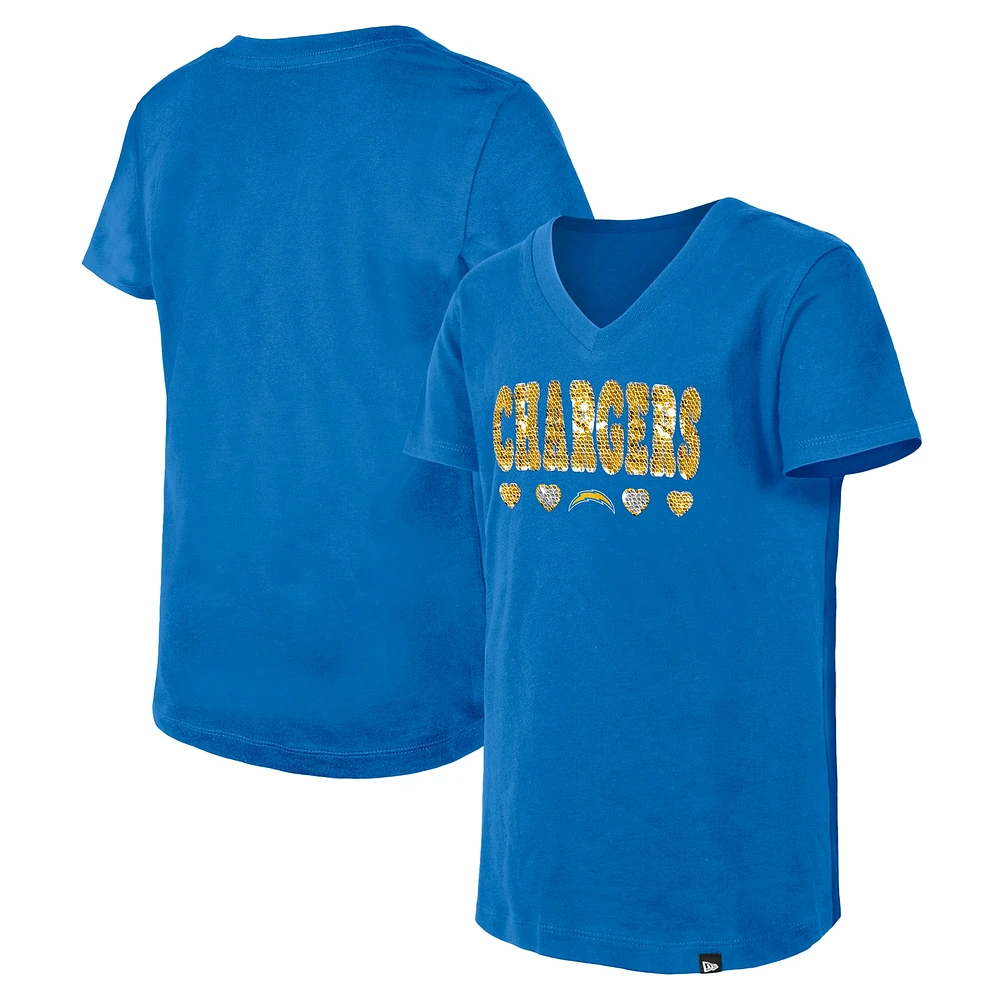 T-shirt à col en V sequins bleu poudré Los Angeles Chargers de New Era pour fille