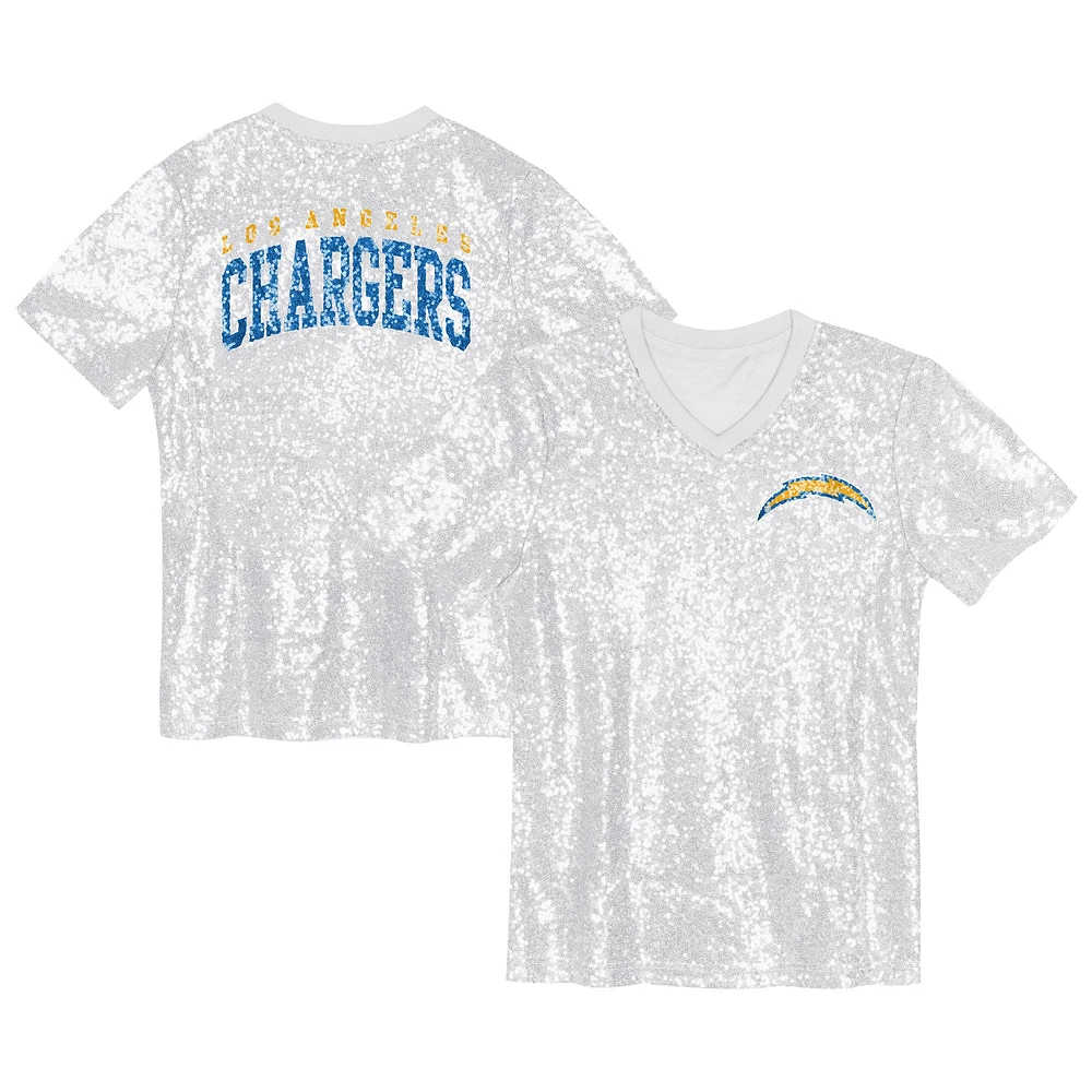 Girls Youth White Los Angeles Chargers Wordmark Sequin V-Neck Top