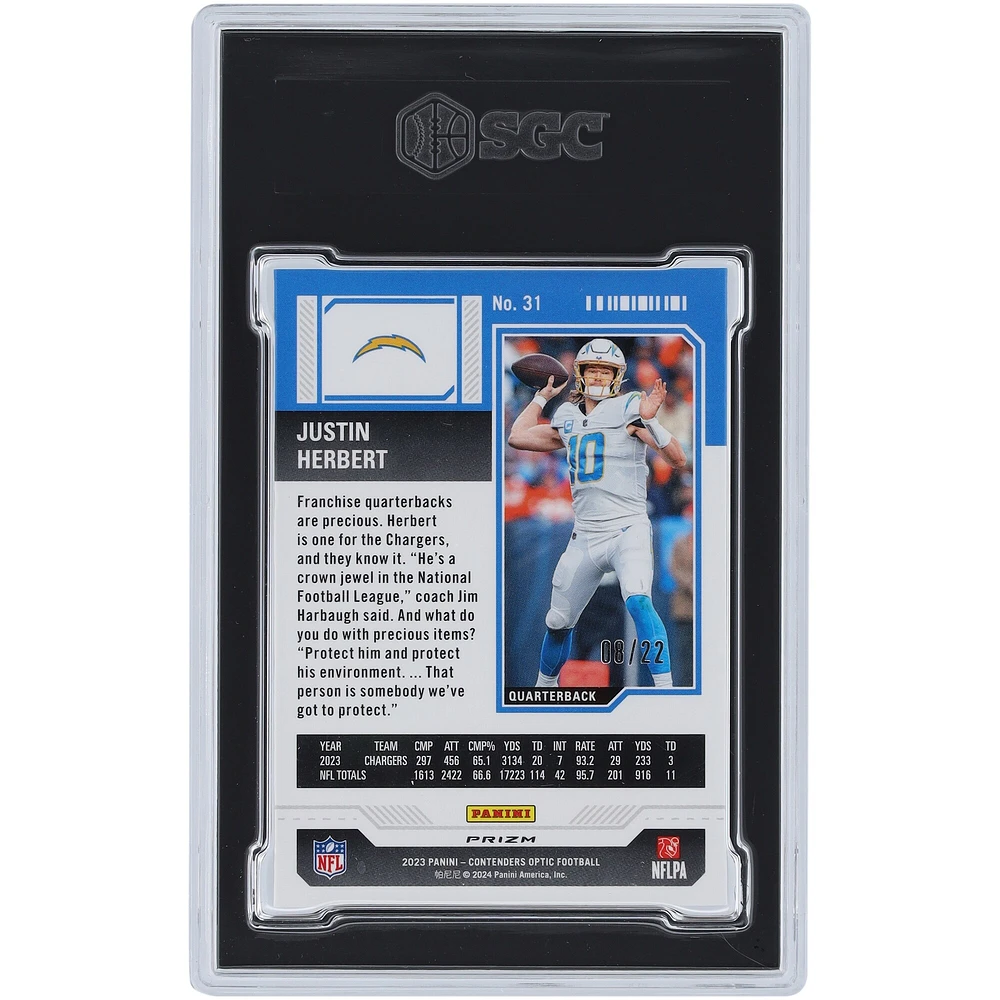 Justin Herbert Los Angeles Chargers 2023 Panini Contenders Optic Cracked Ice Prizm #31 #8/22 SGC Carte authentifiée 10
