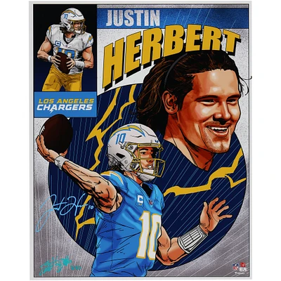 Photo dédicacée de Justin Herbert des Los Angeles Chargers, 16" x 20" - Art de Brian Kong - Édition limitée à 50 exemplaires
