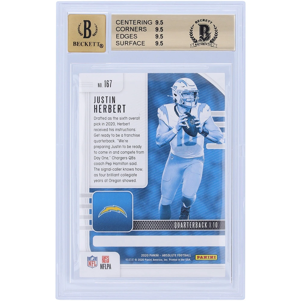 Carte de recrue autographiée 2020 Panini Absolute #167 BAS 9,5/10 authentifiée par Justin Herbert Los Angeles Chargers - Sous-catégories 9,5/9,5/9,5/9,5