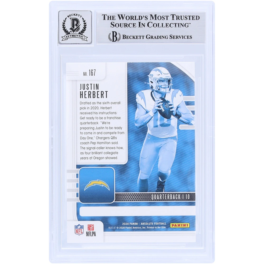 Justin Herbert Los Angeles Chargers Carte de recrue authentifiée 9/10 autographiée 2020 Panini Absolute #167 Beckett Fanatics Witnessed