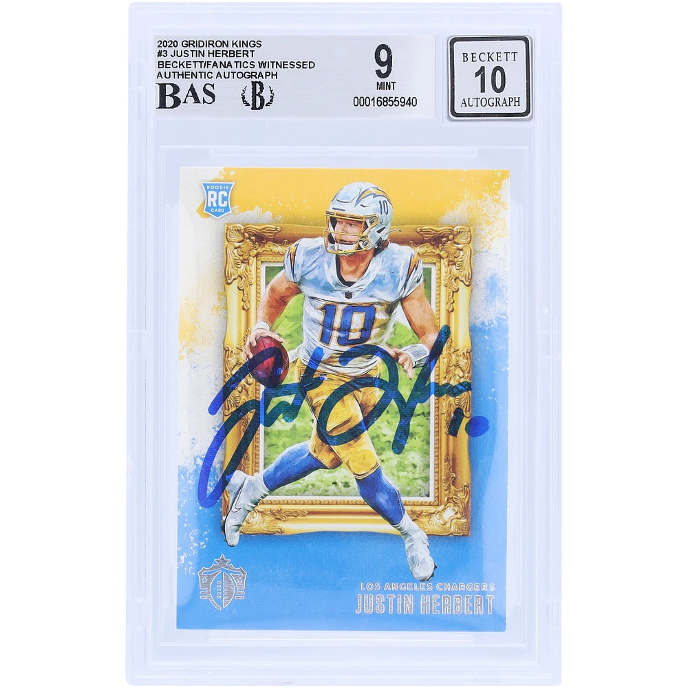 Justin Herbert Los Angeles Chargers Carte de recrue 9/10 authentifiée 2020 Panini Gridiron Kings #GK-3 Beckett Fanatics a été témoin
