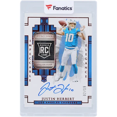 Carte recrue Panini Impeccable Silver Bar Relic #103 #2/19 autographiée par Justin Herbert des Los Angeles Chargers 2020