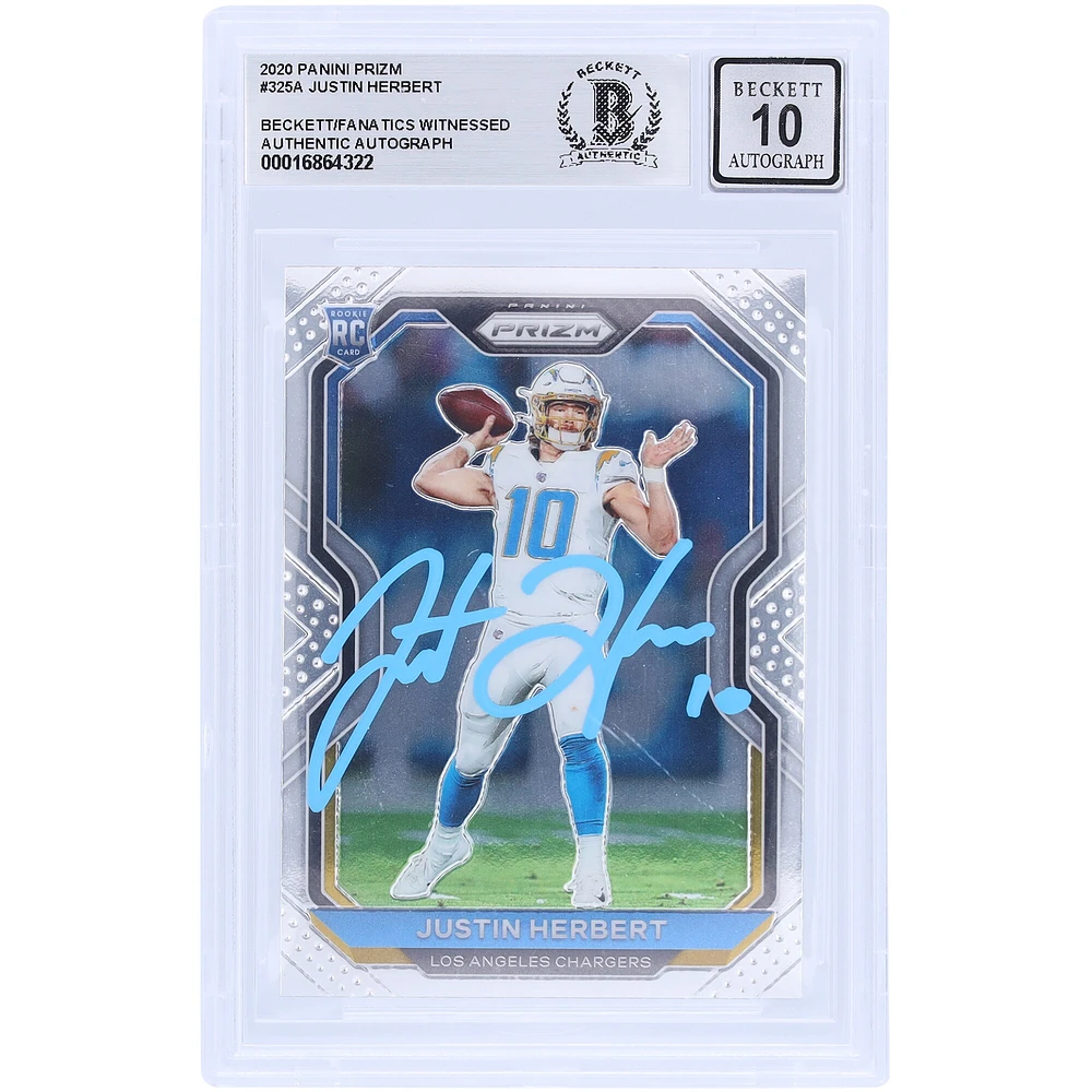 Justin Herbert Los Angeles Chargers Autographié 2020 Panini Prizm Light Blue Ink #325 Beckett Fanatics Witnessed Authenticated 10 Rookie Card