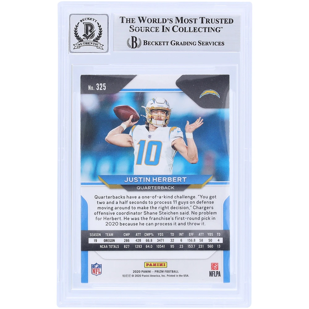 Justin Herbert Los Angeles Chargers Autographié 2020 Panini Prizm Light Blue Ink #325 Beckett Fanatics Witnessed Authenticated 10 Rookie Card