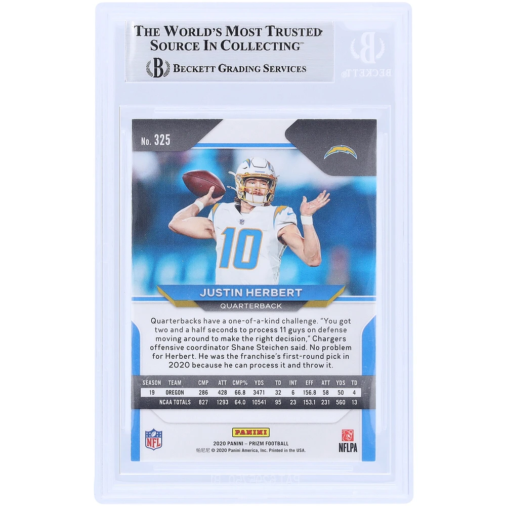Justin Herbert Los Angeles Chargers dédicacé 2020 Panini Prizm Light Blue Ink #325 Beckett Fanatics a été témoin d'une carte de recrue authentifiée