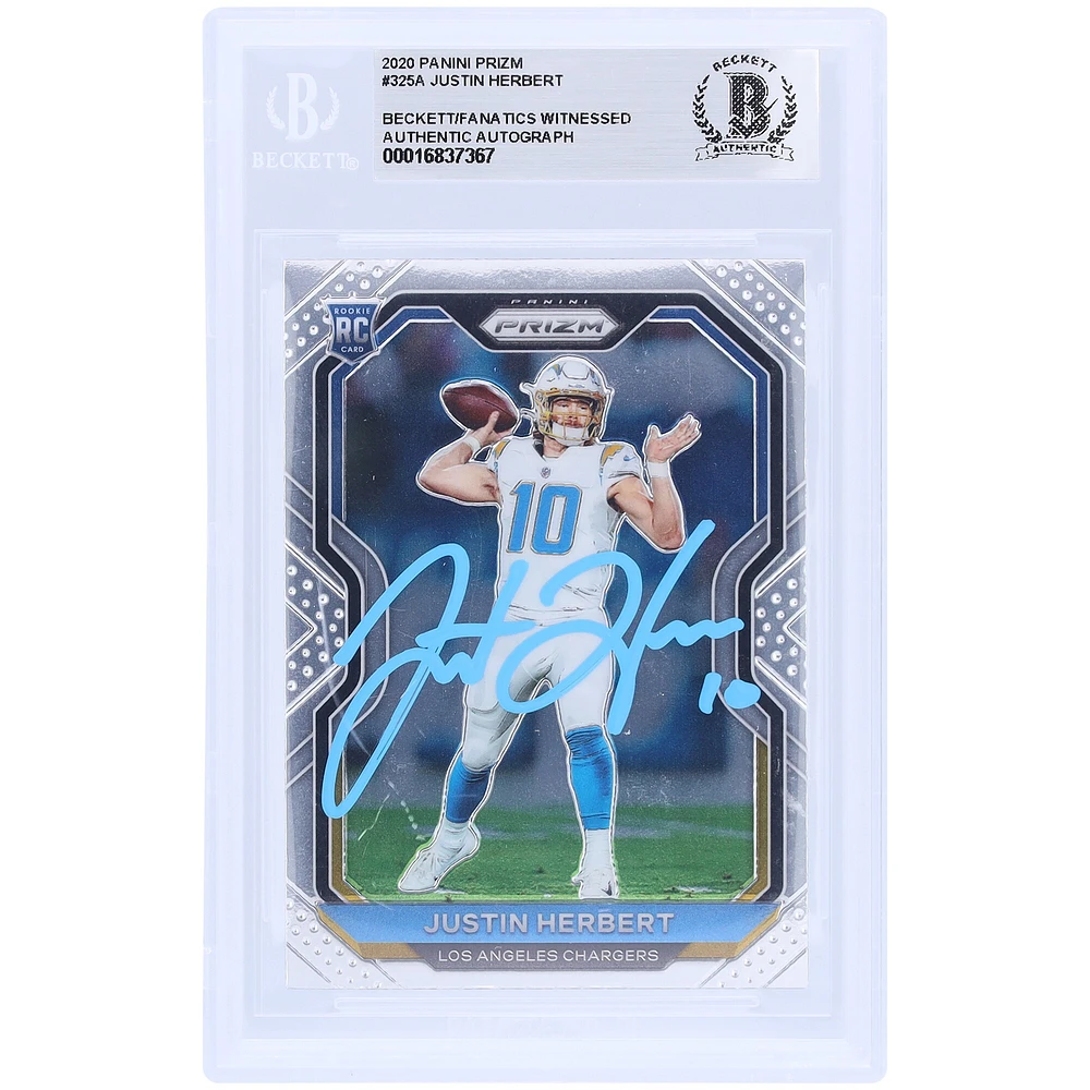Justin Herbert Los Angeles Chargers dédicacé 2020 Panini Prizm Light Blue Ink #325 Beckett Fanatics a été témoin d'une carte de recrue authentifiée