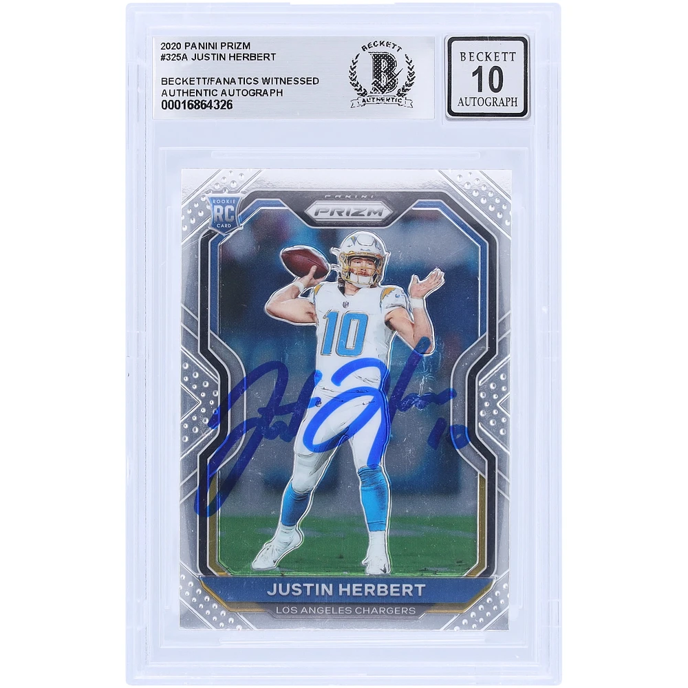 Justin Herbert Los Angeles Chargers Carte Panini Prizm #325 2020 autographiée Beckett Fanatics a été témoin d'une carte Rookie 10 authentifiée