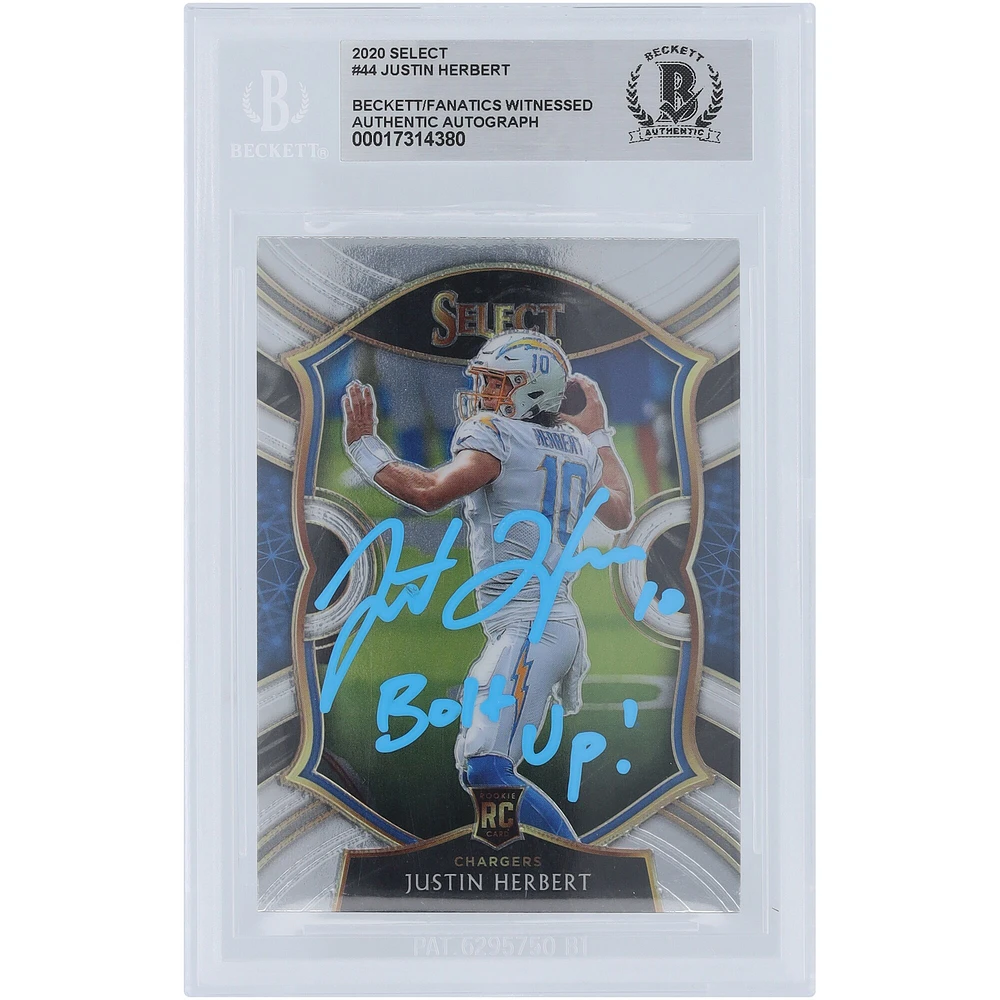 Justin Herbert Los Angeles Chargers Autographed 2020 Panini Select Light Blue Ink #44 Beckett Fanatics Witnessed Authenticated Rookie Card with "Bolt Up!" Inscription
