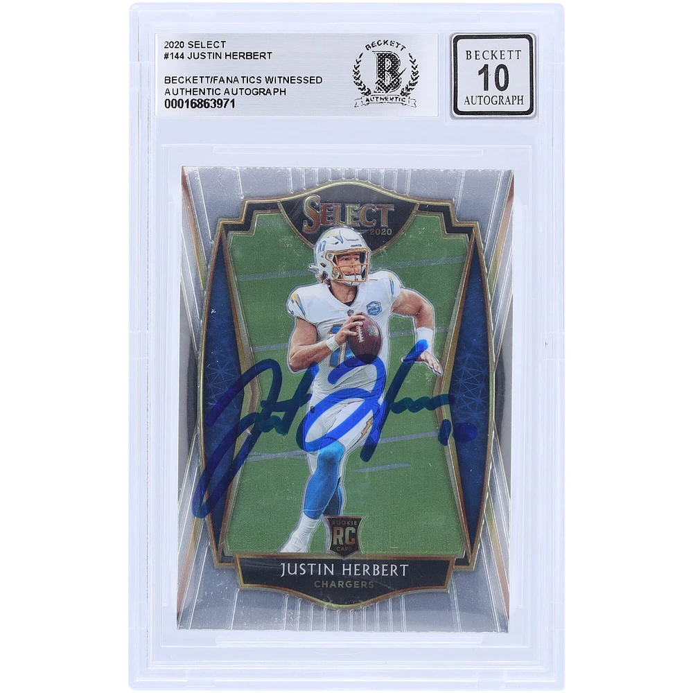 Justin Herbert Los Angeles Chargers dédicacé 2020 Panini Select #144 Beckett Fanatics témoin authentifié 10 Rookie Card