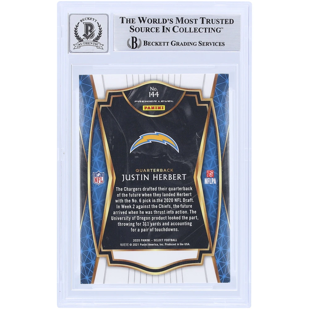 Justin Herbert Los Angeles Chargers dédicacé 2020 Panini Select #144 Beckett Fanatics témoin authentifié 10 Rookie Card