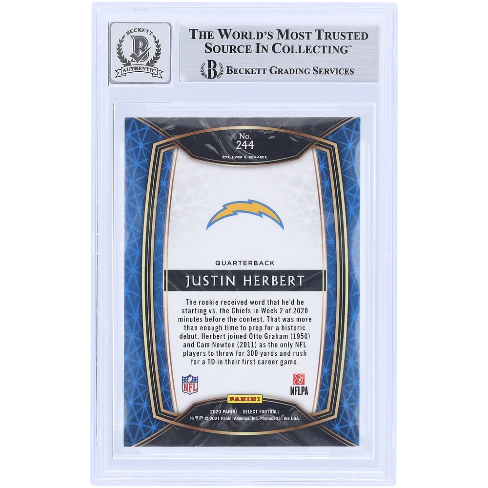 Justin Herbert Los Angeles Chargers dédicacé 2020 Panini Select #244 Beckett Fanatics témoin authentifié 10 Rookie Card