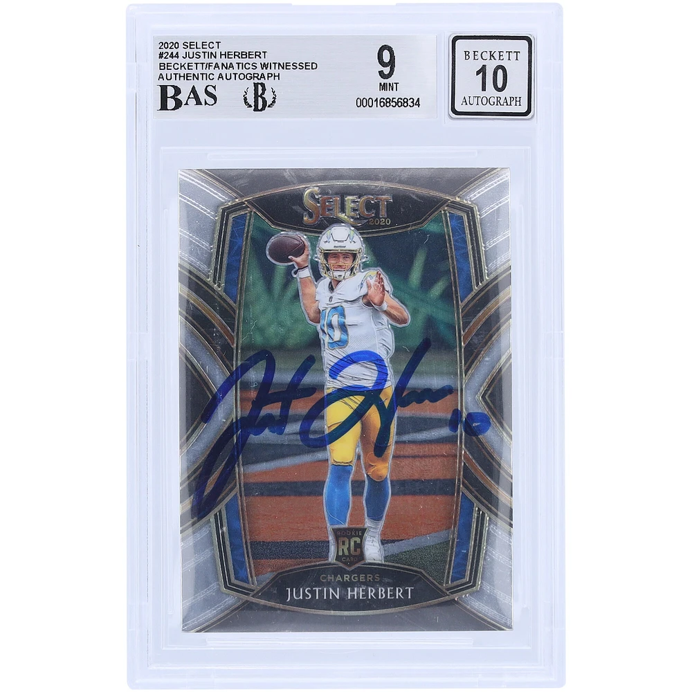 Justin Herbert Los Angeles Chargers Carte de recrue Panini Select #244 2020 autographiée Beckett Fanatics Witnessed Authenticated 9/10 Rookie
