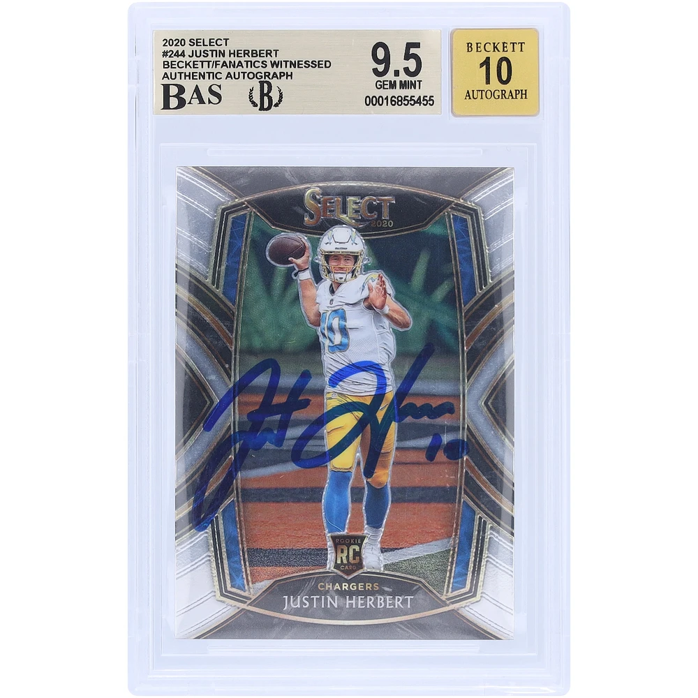 Carte de recrue autographiée 2020 Panini Select #244 Beckett Fanatics Witnessed Authenticated 9.5/10 Rookie par Justin Herbert des Los Angeles Chargers
