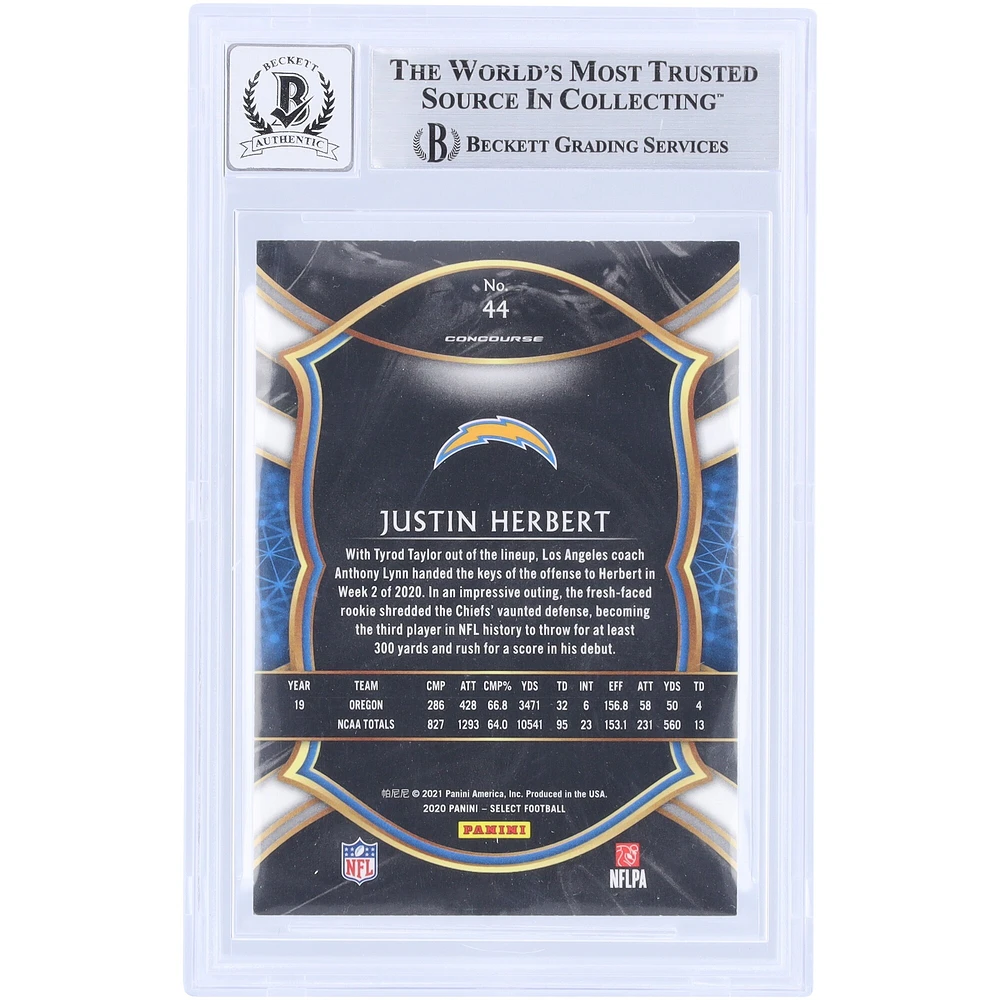 Justin Herbert Los Angeles Chargers Carte Panini Select #44 Beckett 2020 authentifiée par les fanatiques de Beckett avec l'inscription « 2020 OROY »