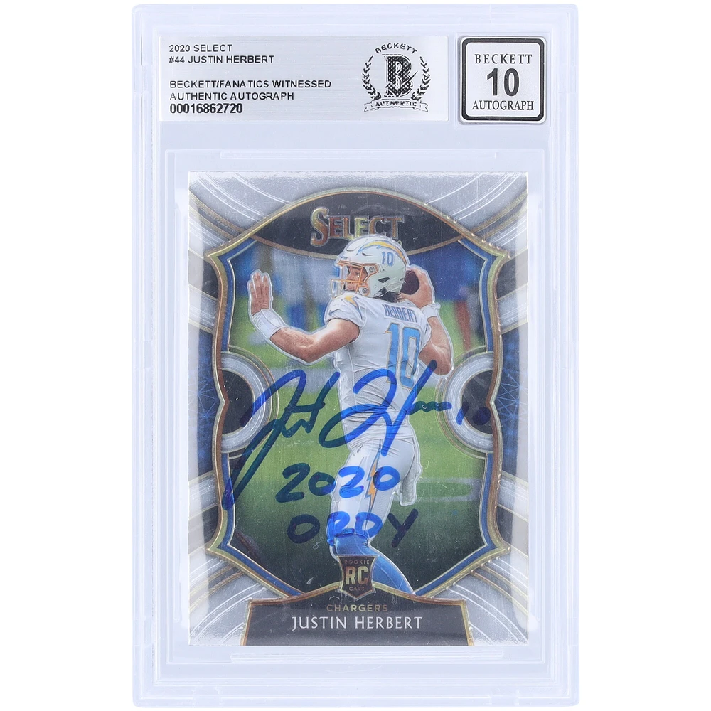 Justin Herbert Los Angeles Chargers Carte Panini Select #44 Beckett 2020 authentifiée par les fanatiques de Beckett avec l'inscription « 2020 OROY »