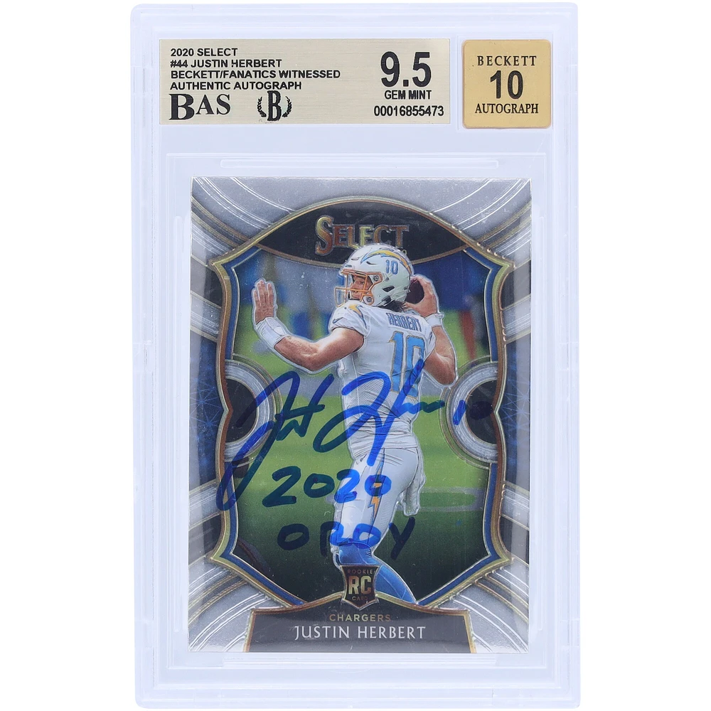 Carte de recrue autographiée 2020 Panini Select #44 Beckett Fanatics Witnessed 9.5/10 Rookie avec inscription « 2020 OROY » par Justin Herbert des Los Angeles Chargers