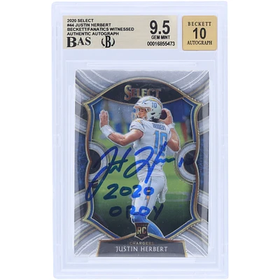 Carte de recrue autographiée 2020 Panini Select #44 Beckett Fanatics Witnessed 9.5/10 Rookie avec inscription « 2020 OROY » par Justin Herbert des Los Angeles Chargers