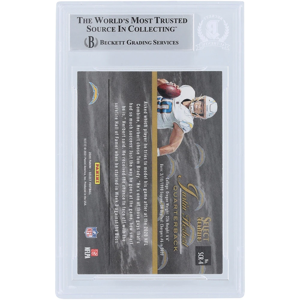 Carte de recrue authentifiée autographiée par Justin Herbert des Los Angeles Chargers Panini Select #SCR-4 Beckett Fanatics 2020