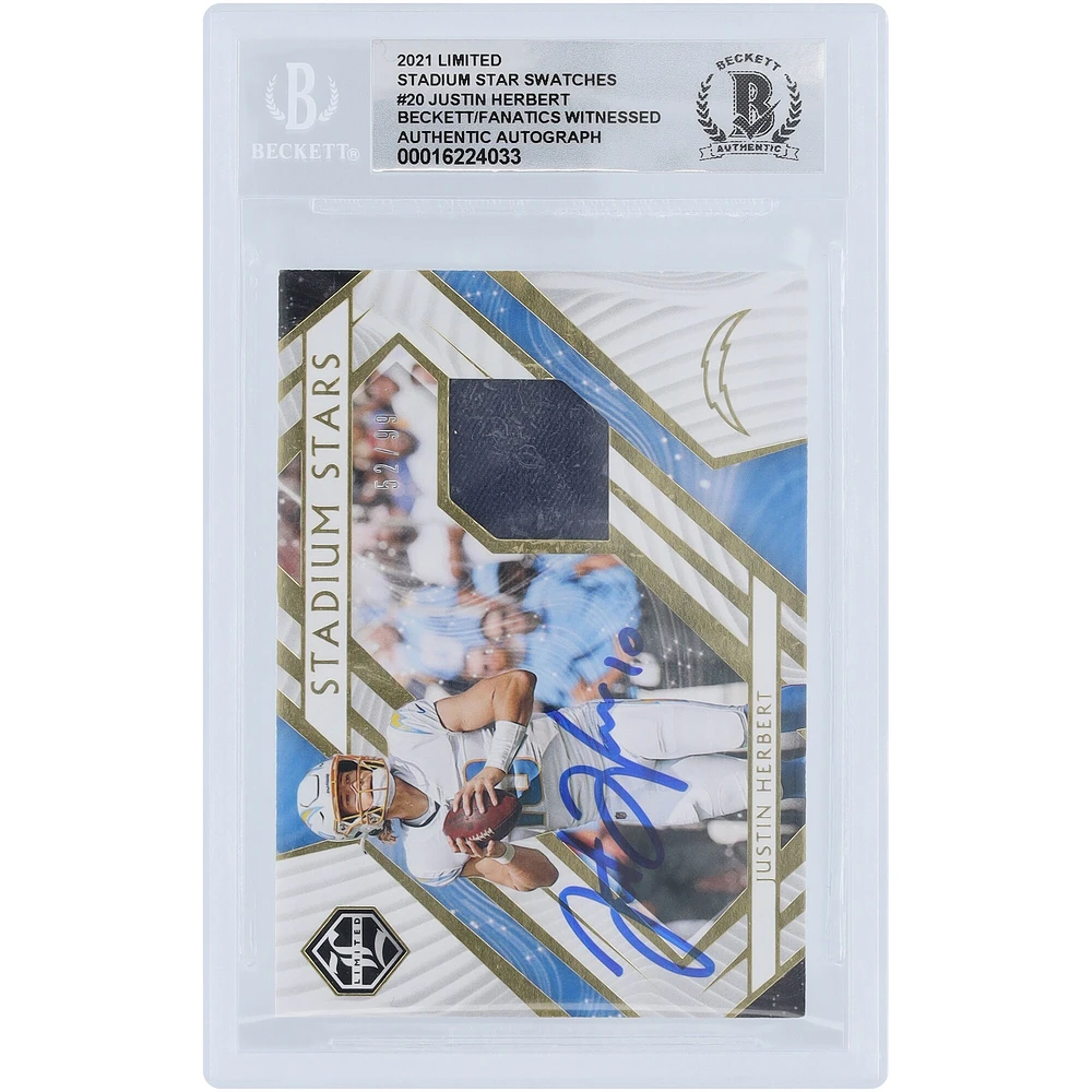 Carte Panini Limited Relic #SS-JH #/99 Beckett Fanatics Witnessed Authenticated 10 de Justin Herbert Los Angeles Chargers autographiée 2021