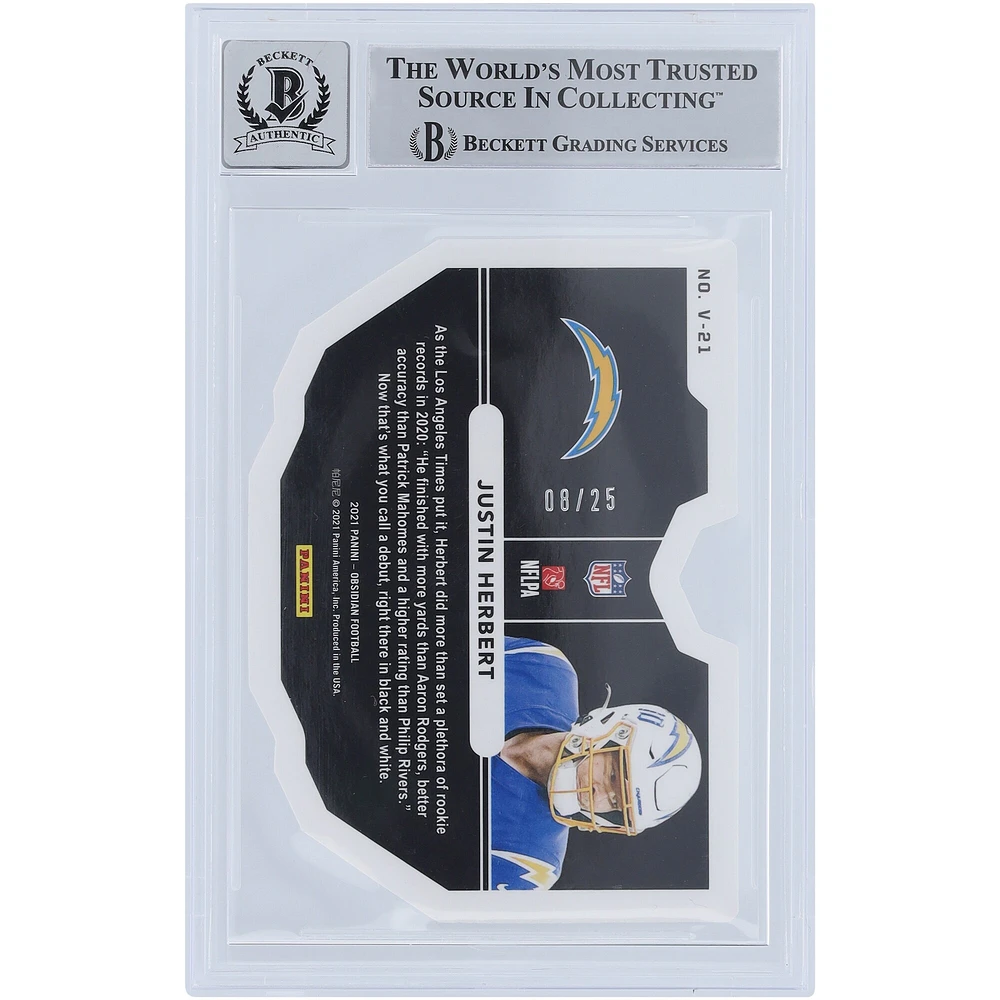 Carte autographiée 2021 Panini Obsidian Etch Orange White Paint #V-21 #/25 Beckett Fanatics Witnessed Authenticated 9/10 de Justin Herbert Los Angeles Chargers