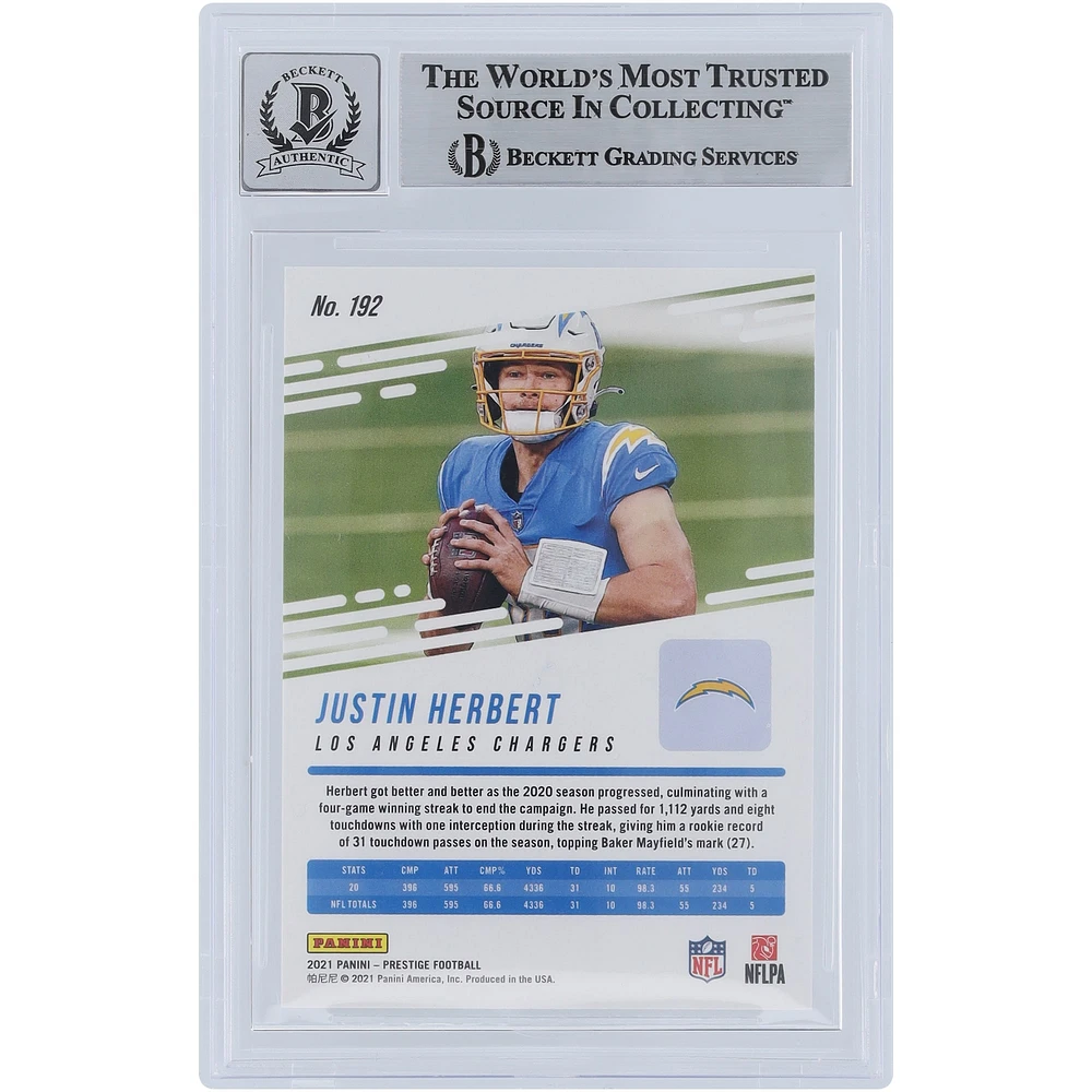 Justin Herbert Los Angeles Chargers Autographed 2021 Panini Prestige Xtra Points Purple #192 #/149 Beckett Fanatics Witnessed Authenticated 9/10 Card 