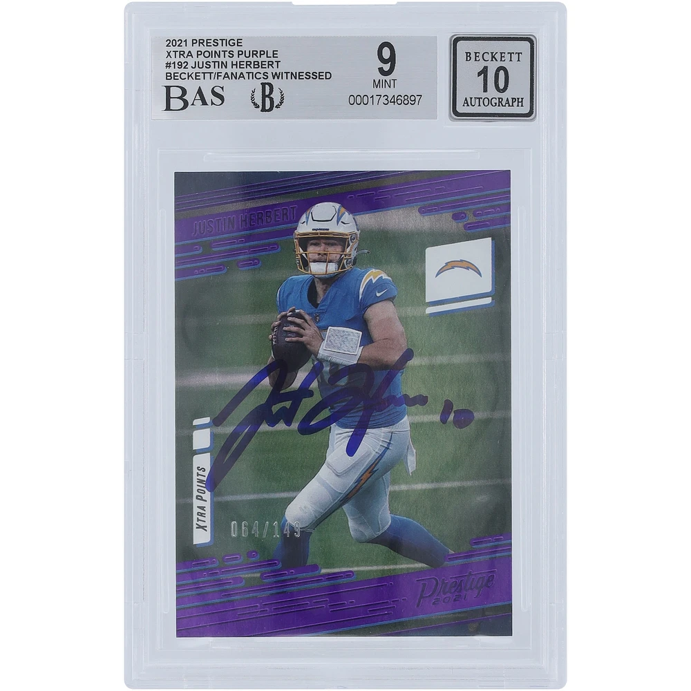 Justin Herbert Los Angeles Chargers Autographed 2021 Panini Prestige Xtra Points Purple #192 #/149 Beckett Fanatics Witnessed Authenticated 9/10 Card