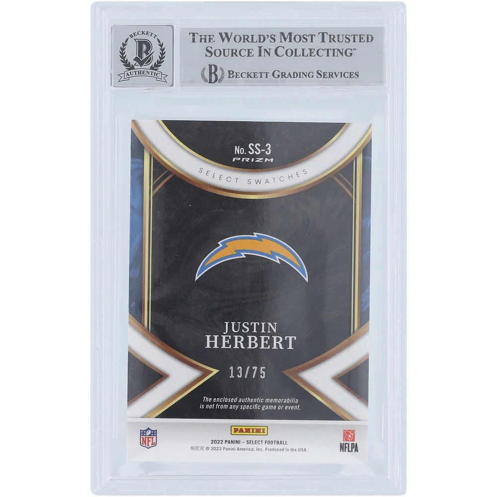Justin Herbert Los Angeles Chargers Autographed 2022 Panini Select Select Swatches White Prizm Relic #SS-3 #/75 Beckett Fanatics Witnessed Authenticated 10 Card 