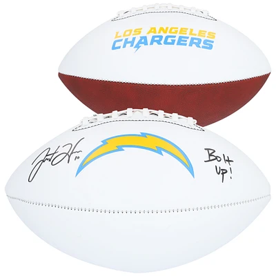 Ballon de football Franklin White Panel autographié par Justin Herbert des Los Angeles Chargers avec l'inscription « Bolt Up ! »