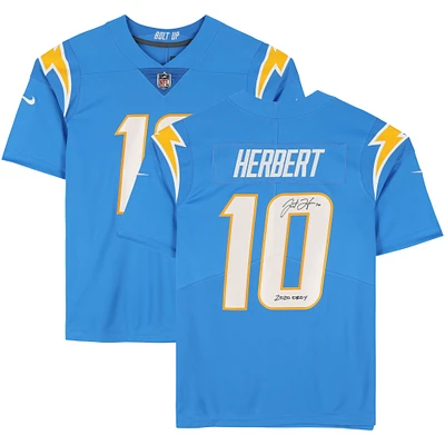 Maillot Nike bleu poudre dédicacé par Justin Herbert des Los Angeles Chargers avec l'inscription « 2020 OROY »