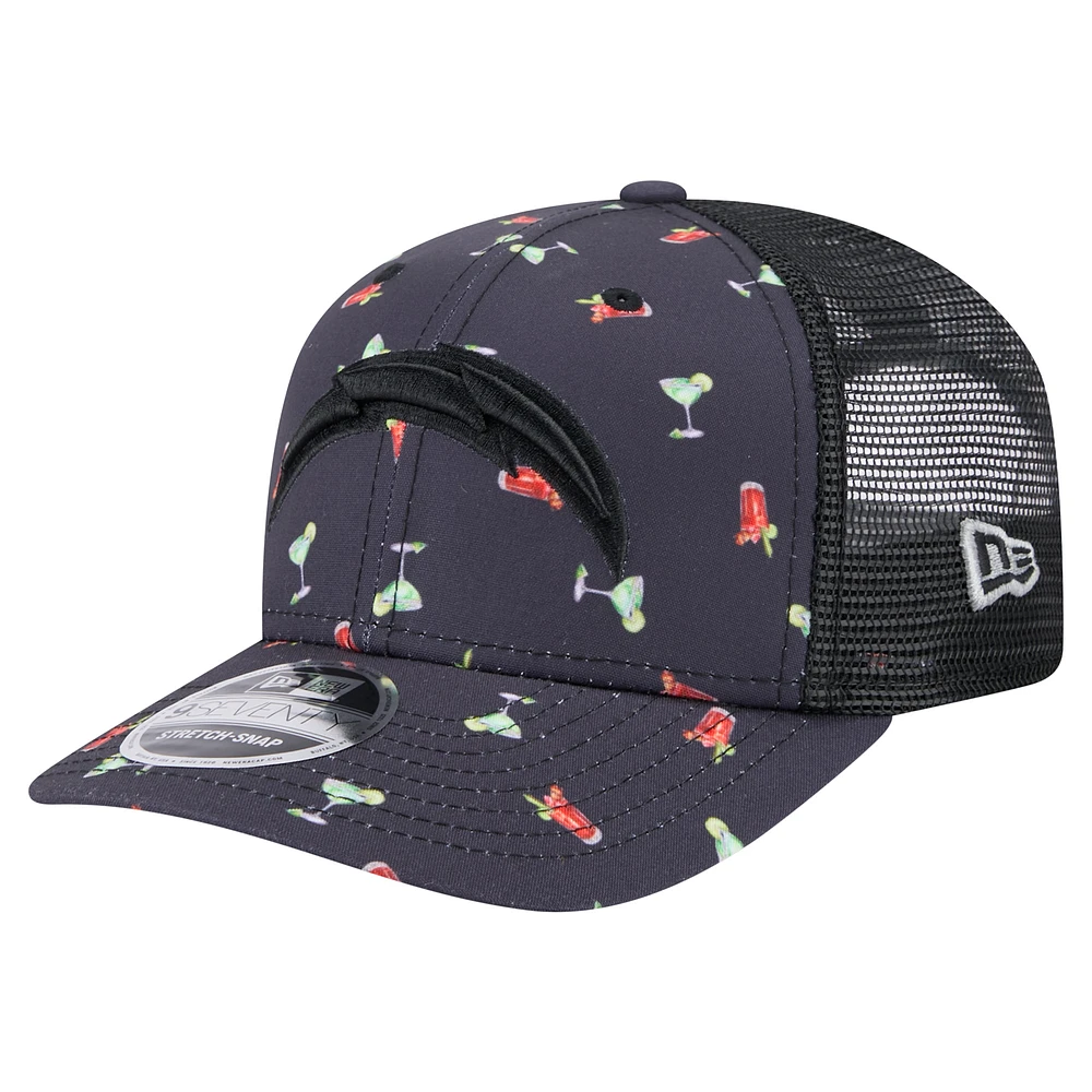 Men's New Era Navy/Black Los Angeles Chargers Adventure Drinks Pattern 9SEVENTY Stretch-Snap Hat