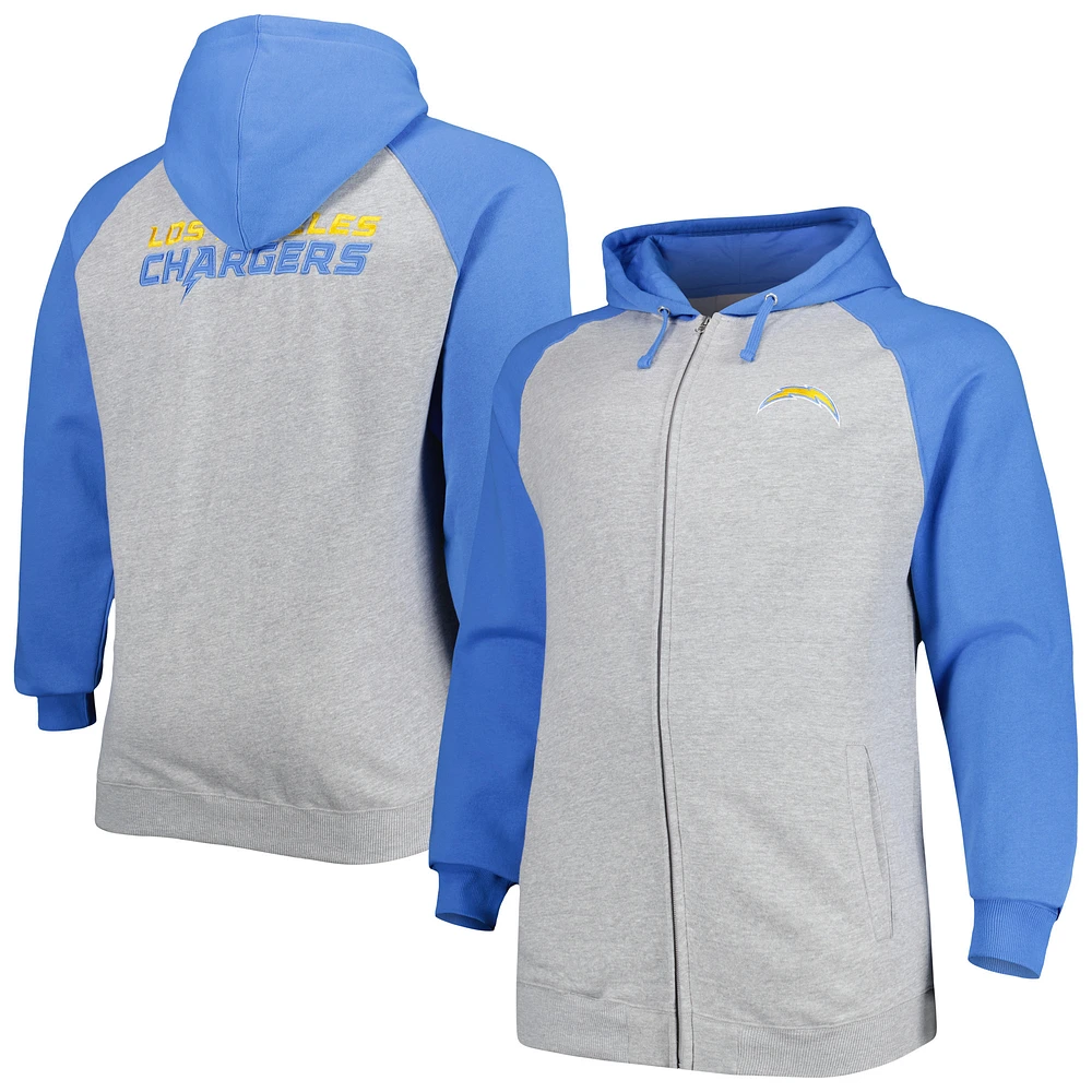 Veste à capuche entièrement zippée en polaire raglan pour hommes Fanatics Heather Grey Los Angeles Chargers Big & Tall