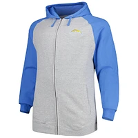 Veste à capuche entièrement zippée en polaire raglan pour hommes Fanatics Heather Grey Los Angeles Chargers Big & Tall