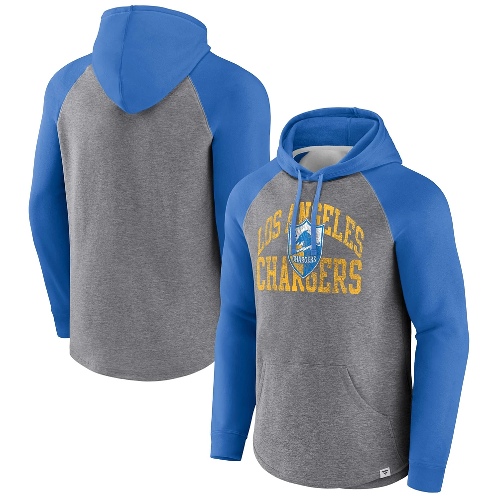 Sweat à capuche enfiler Arch Raglan préféré des Chargers de Los Angeles gris chiné Fanatics pour hommes