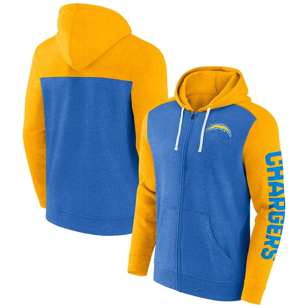 Sweat à capuche entièrement zippé pour hommes Fanatics Heather Powder Blue Los Angeles Chargers Down and Distance